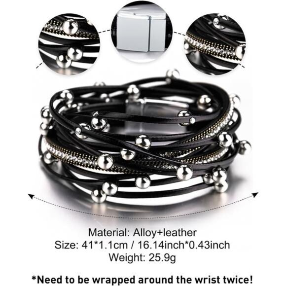 Leather Wrap Bracelets for Women, Boho Leopard Multi-Layer Crystal Beads Cuff - Picture 3 of 7